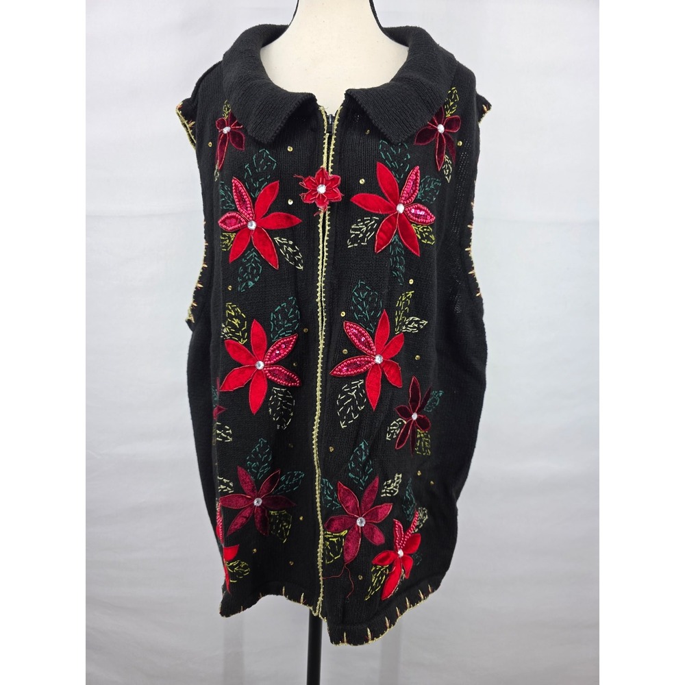 White Stag Womens Plus 26W 28W Christmas Poinsettia Floral Zip Sweater Vest
